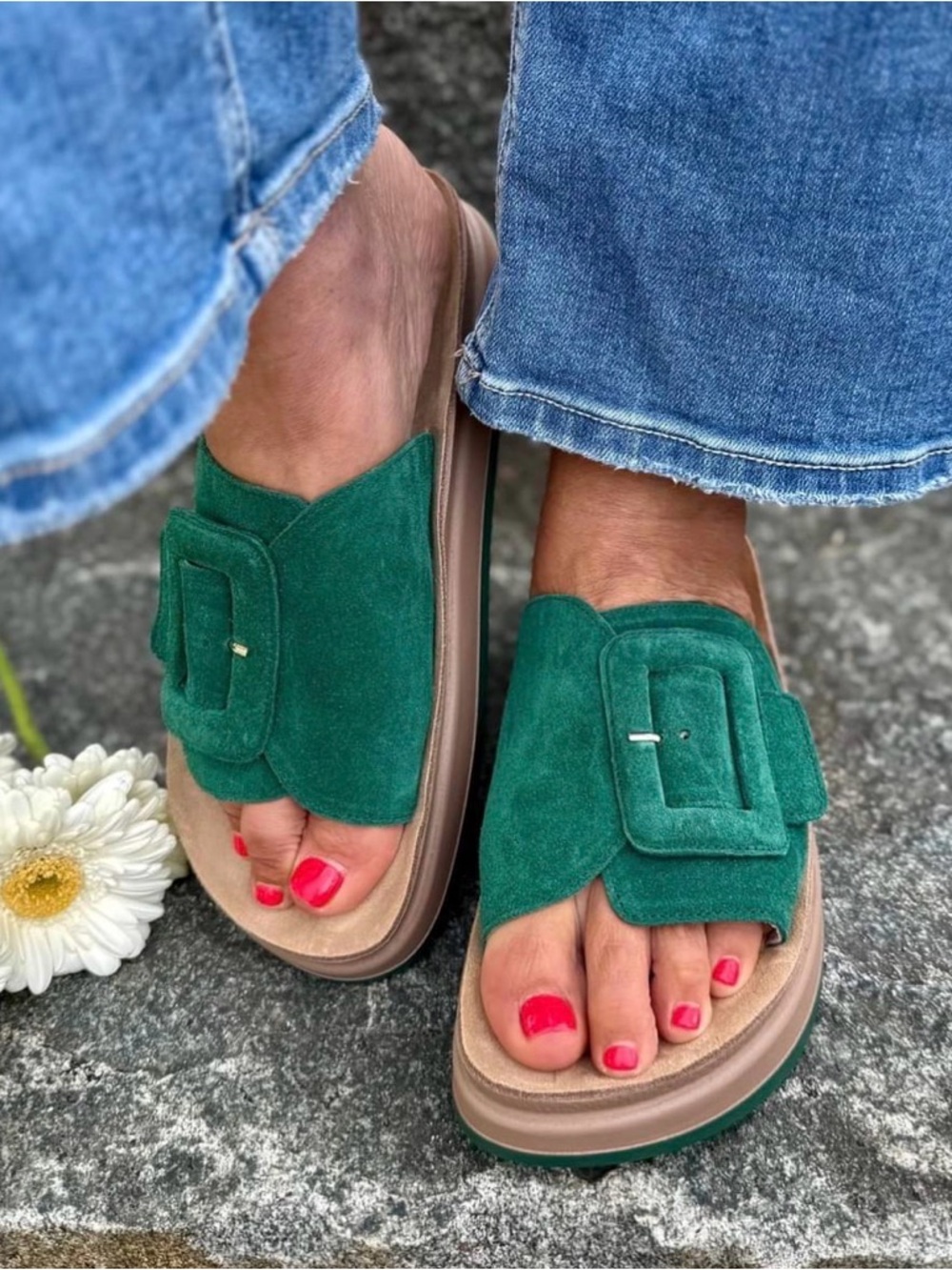 FANTASY SANDALS Kelly Green Suede Platform Slides 7/38 Boho Beach Comfort Chunky